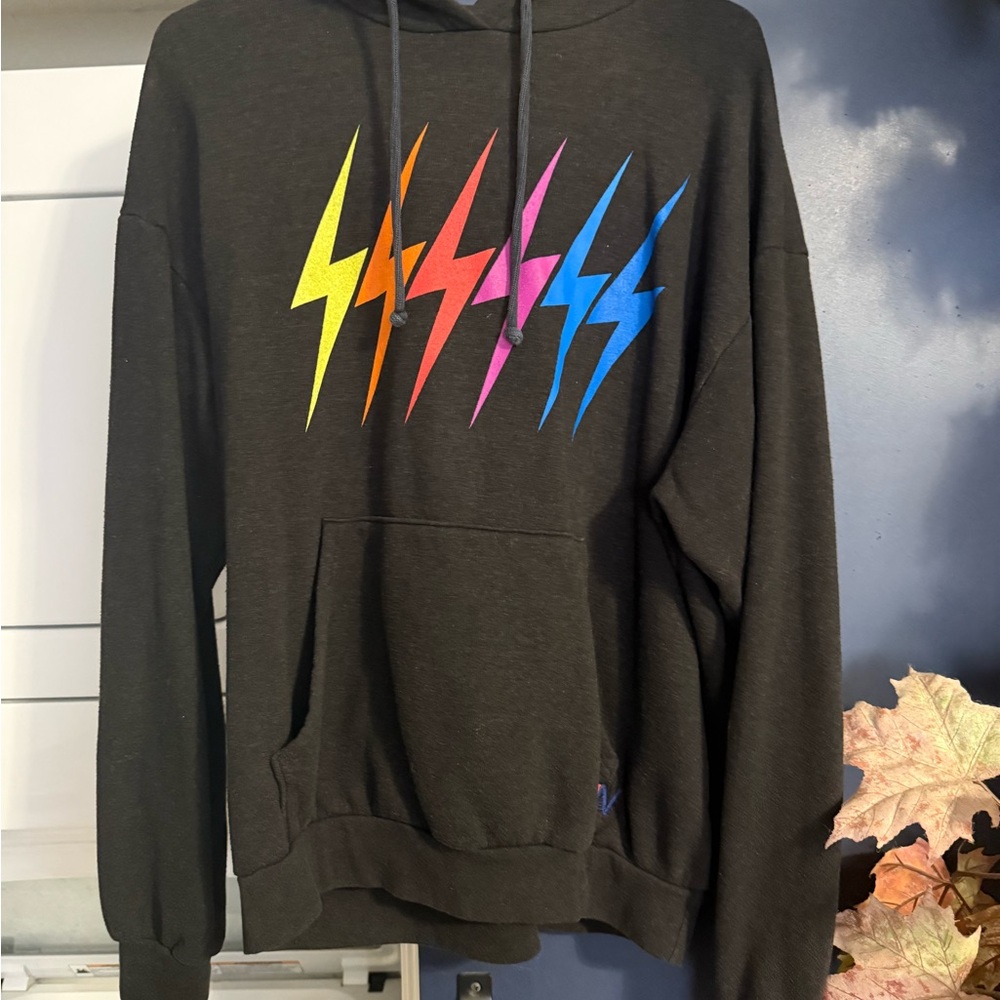 Aviator Nation Black Hoodie with Multicolor Lightning Bolts